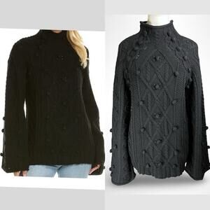 Rebecca Taylor Medium Black Bauble Turtleneck Cable Knit Sweater Wool Blend $495